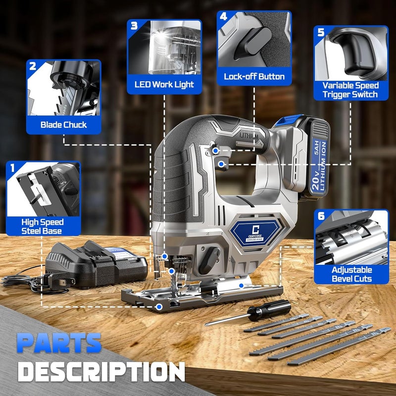 Cerycose Jigsaw Compatible With Dewalt 20v Battery, Cordless jig saw Brushless Motor, 0°- 45° Bevel Cuts, LED Light with 3 Position Orbital Setting (With 5Ah Battery & Charger Station Kit) - Image 4